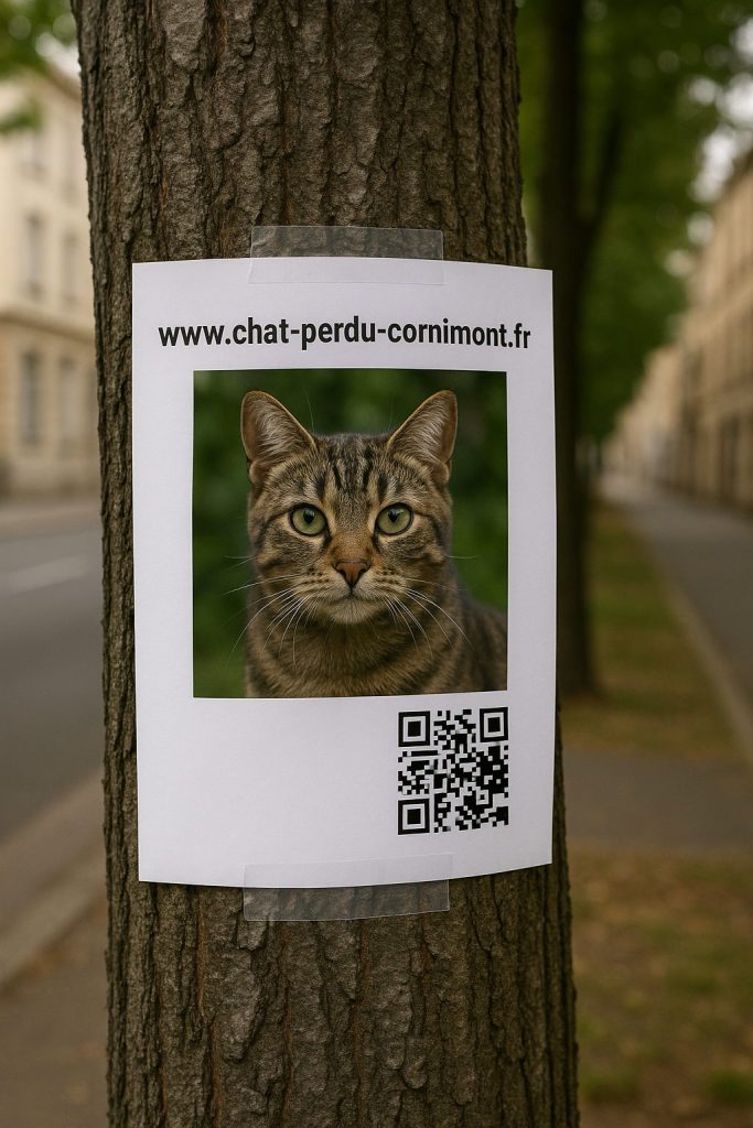 Affiche chat perdu sur arbre avec QR code